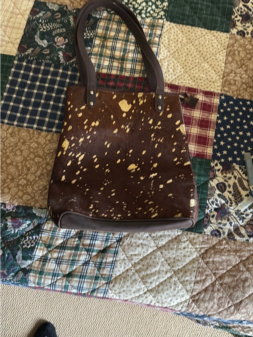 Brown Leather Hobo with Gold Splatter Accent